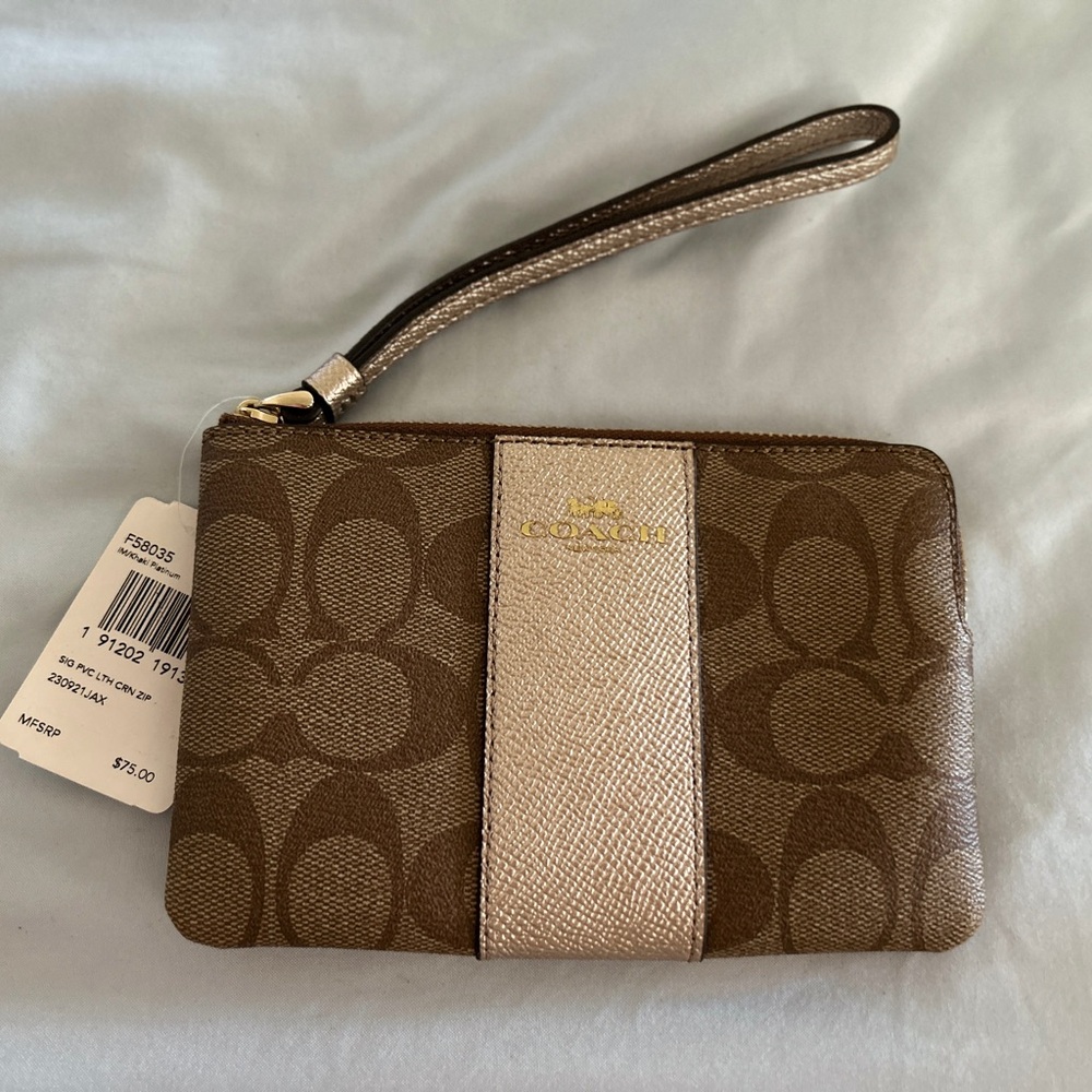 Coach Brown Wristlet with Gold Zipper